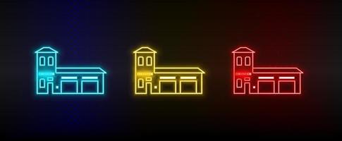 Neon icons. Building. Set of red, blue, yellow neon vector icon on dark background