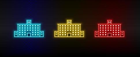 Neon icons. Building fire station. Set of red, blue, yellow neon vector icon on dark background