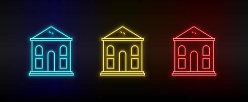 Neon icons. Building. Set of red, blue, yellow neon vector icon on dark background