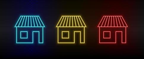 Neon icons. Building hotel. Set of red, blue, yellow neon vector icon on dark background