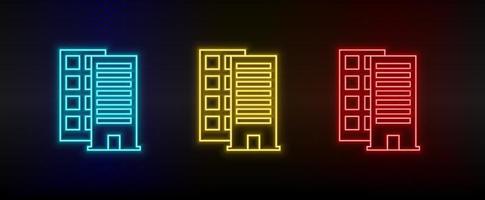 Neon icons. Building bank. Set of red, blue, yellow neon vector icon on dark background