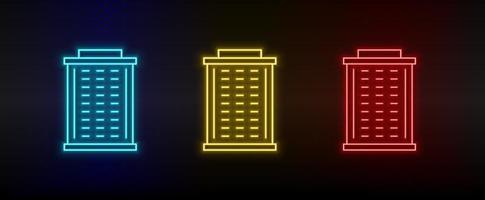 Neon icons. Building. Set of red, blue, yellow neon vector icon on dark background