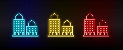 Neon icons. Building. Set of red, blue, yellow neon vector icon on dark background