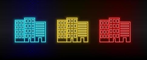 Neon icons. Building tower. Set of red, blue, yellow neon vector icon on dark background