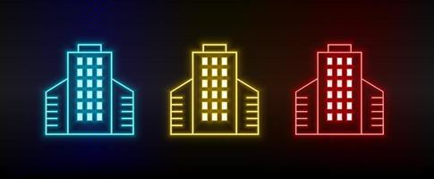 Neon icons. Building. Set of red, blue, yellow neon vector icon on dark background