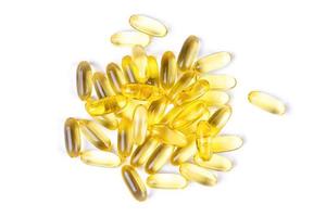 Omega 3 fish oil supplement softgel capsules isolated on white background photo