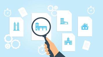 Building home file, document research vector illustration. Document with search icons. File and magnifying glass. Analytics research sign. Vector Illustration on white background