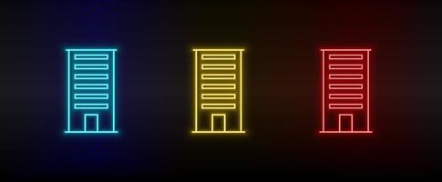 Neon icons. Building. Set of red, blue, yellow neon vector icon on dark background