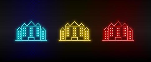 Neon icons. Building hotel. Set of red, blue, yellow neon vector icon on dark background