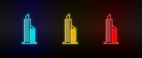 Neon icons. Building. Set of red, blue, yellow neon vector icon on dark background