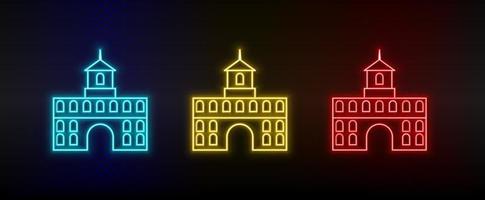 Neon icons. Building. Set of red, blue, yellow neon vector icon on dark background