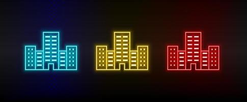 Neon icons. Building hotel. Set of red, blue, yellow neon vector icon on dark background