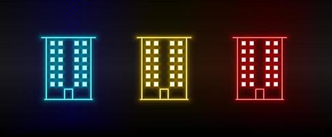 Neon icons. Building. Set of red, blue, yellow neon vector icon on dark background