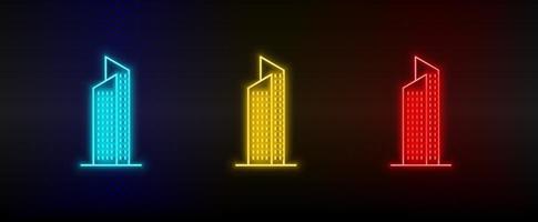 Neon icons. Building. Set of red, blue, yellow neon vector icon on dark background