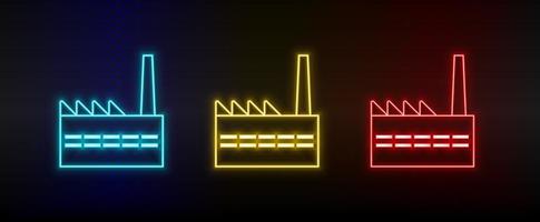 Neon icons. Building home. Set of red, blue, yellow neon vector icon on dark background