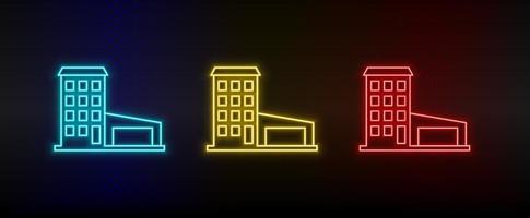 Neon icons. Building. Set of red, blue, yellow neon vector icon on dark background