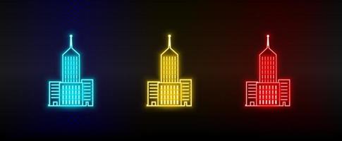 Neon icons. Building tower. Set of red, blue, yellow neon vector icon on dark background