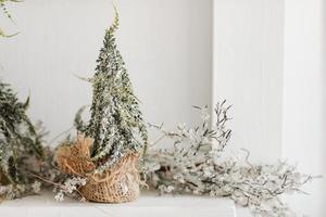 Christmas composition. Two Christmas fir trees with burlap and artificial snow, on wooden white rustic background. Merry Christmas, New Year, Happy Holidays, Template. Greeting card. 2023 photo