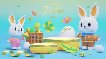 Product display stand and two cute bunnies decorated with colorful eggs placed in baskets and ribbons. vector