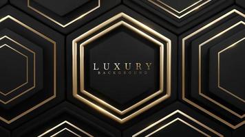 Luxury black background with gold hexagon frame and geometric shape elements with glitter light effect decorations. Realistic 3d style design. Vector illustration.