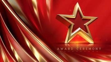 Red award ceremony background with 3d realistic luxury gold star elements with glitter light effect decoration and bokeh. vector