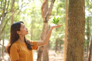 concept of saving the world Asian woman holding a small tree photo