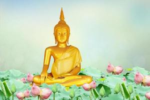 Makha Asanaha Visakha Bucha Day Golden Buddha image. Background of Bodhi leaves with shining light. Soft image and smooth focus style photo