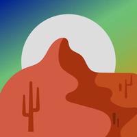 Flat abstract icon, sticker, button with desert, mountains, sun, cactuses with gradient sky. vector