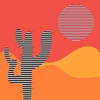 Flat abstract icon, sticker, button with desert, sun, cactus with psychedelic line effect vector