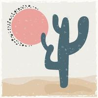 Flat abstract icon, sticker, button with desert, mountains, sun, cactuses on soft colors in retro style with scratches vector