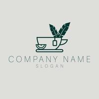 Cup of tea logo design template. Mug with tea with lemon and banana leaves logotype. Luxury tea flat logo template. vector