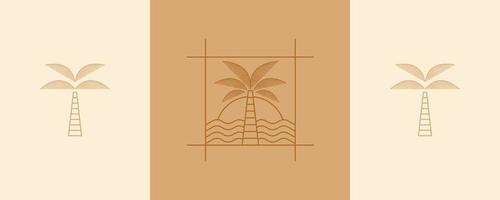 Palms, sea and sunrise vector set.  Elegant palm and beach logo design line icon vector in luxury style outline linear. Premium boutique, jewelry, vacation, tourism emblem logo design set.