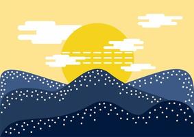 Japanese style vector background design with mountains and sky. Sun. Landscape. Blue, yellow, white colors.