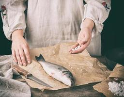 fresh whole sea bass fish lying on brown paper photo