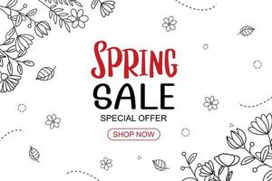 Spring sale banner with leaf and flower hand drawn on white background. vector