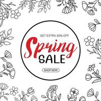 Spring sale banner with leaf and flower hand drawn on white background. Poster sale up to 50 off. vector