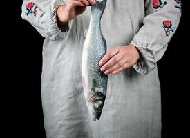 woman in gray linen clothes holding a fresh sea bass fish photo