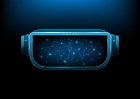 Virtual reality glasses technology with glowing wireframe lines and dots on blue background. Vector illustration