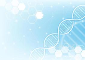 DNA molecule and geometric hexagon shape with wireframe lines and dots on light blue background. Abstract medicine genetic biotechnology and science technology vector illustration.