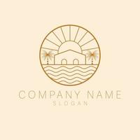 House, palms and sun logo vector illustration. Luxury vacation logotype. Summer Travel logo template.