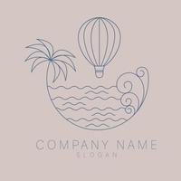 Air ballon, waves and palm logo design template. Modern bohemian abstract logotype. Luxury travel graphic design. vector