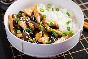 Stir fry with chicken, eggplant and boiled rice - Chinese food photo