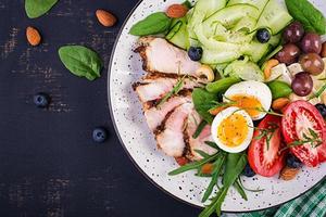 Ketogenic diet. Keto brunch. Boiled egg, pork steak and olives, cucumber, spinach, brie cheese, nuts and tomato. Top view photo