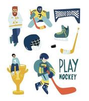 Ice Hockey elements and equipment. Ich hockey player with stick and puck. Doodle flat elements vector