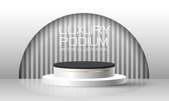 Realistic white black gold line 3d cylinder podium mockup with grey stripe pattern semi circle background design for products display stage showcase modern luxury background vector