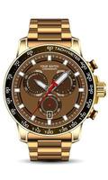 Realistic gold brown clock watch chronograph face strap on white background design modern luxury for men fashion vector