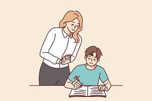 Teacher control boy child writing in notebook. Female tutor look at kid handwrite in classroom. School education concept. Vector illustration.