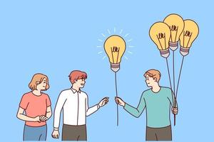 Man with lightbulbs in hands giving bulbs to people. Businessman offer creative business ideas to employees. Solution and problem solving. Vector illustration.