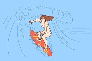 Happy woman in bikini surfing on waves in ocean on board. Smiling active female surfer have fun enjoy summer vacation. Vector illustration.