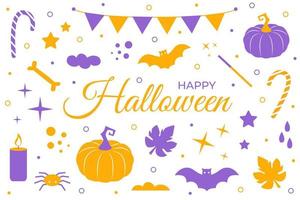 Halloween set. Vector illustration. Holiday elements and objects. Pumpkins, spider, bat, candle. Happy Halloween text design.